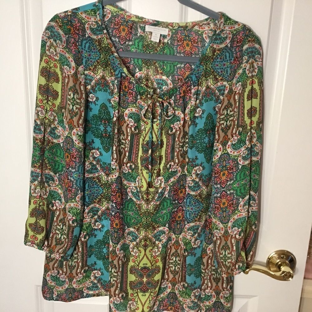 Charter Company Women’s Blouse in PL with 3/4 sleeve aqua, green, pink print